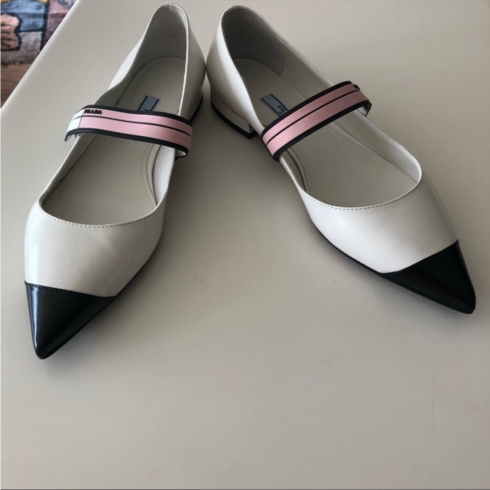 IN SEARCH OF Prada Mixed Leather Grip-Strap Skimmer Flats Black/ White/ Pink